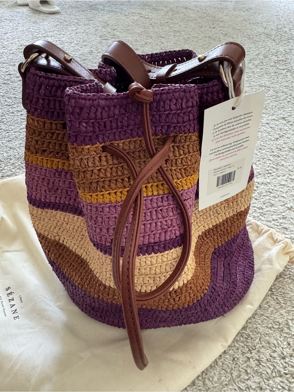 Sezane Farrow Woven Striped Drawstring Bucket Bag - Picture 2 of 10